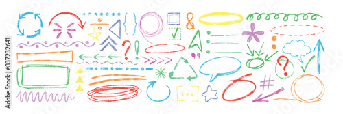 Hand drawn crayon texture arrows, speech bubbles, punctuation marks and pencil circles. Chalk doodle sketch set of underlines, dialogue boxes, checkmarks, frames, emphasis elements and charcoal lines.