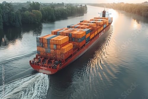 Large Cargo Ship Traveling Down River