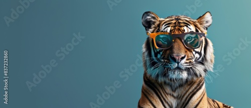 Tiger Wearing Sunglasses, Stylish Animal Fashion, Vibrant Blue Background, Majestic and Modern, Copy Space