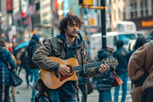 A candid shot of a musician playing guitar on a busy street corner, passersby reacting, vibrant city life, and raw emotion