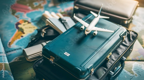 A suitcase and plane are placed on a blue passport as an advertising campaign for tourism.