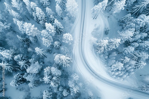 Aerial view of snow forest with a road. Winter concept