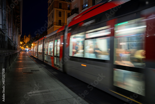 Tram long exposure picture at Zaragoza, Aragon, Spain. View from Central Market.