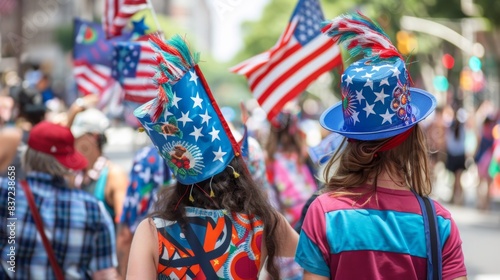 93. Parade participants waving flags, dressed in patriotic costumes