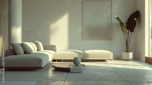 Enter a world of tranquility and simplicity with this 3D rendering showcasing the minimalist interior of a modern living room, where every element is carefully curated for maximum impact.