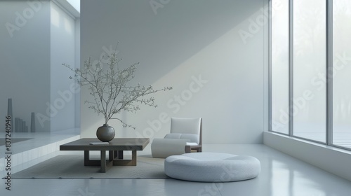 Enter a world of tranquility and simplicity with this 3D rendering showcasing the minimalist interior of a modern living room, where every element is carefully curated for maximum impact.