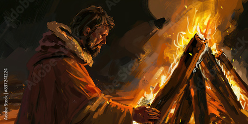 A Celtic priest, lighting a bonfire to ward off the approaching winter