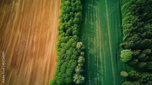 Farmers field. Green farmers field. shot from above, from drone. Field and forest. Beautiful top view of plowed and sown fields. Aerial panorama drone view of typical agricultural landscape.