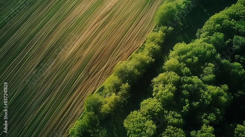 Farmers field. Green farmers field. shot from above, from drone. Field and forest. Beautiful top view of plowed and sown fields. Aerial panorama drone view of typical agricultural landscape.