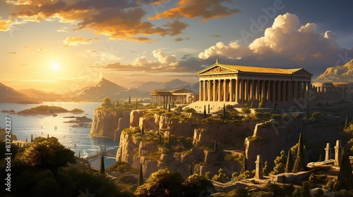 Ancient Greek temple with towering columns, bathed in golden sunlight 
