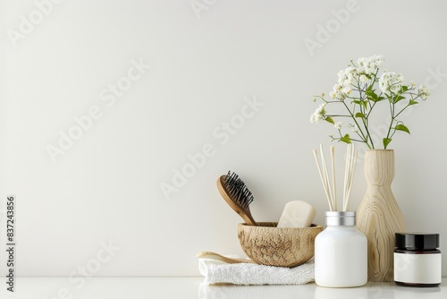 Eco-friendly spa accessories still life on white background with ample space for text placement