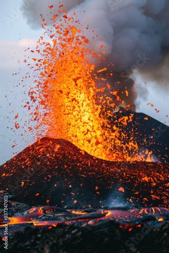 A powerful volcano spews hot lava into the air, surrounded by darkness and smoke