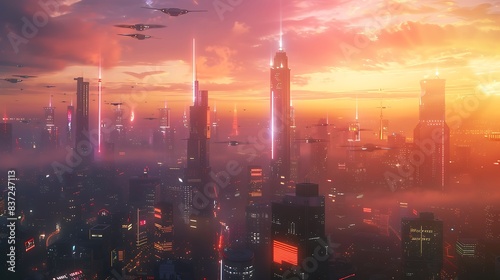 A futuristic city skyline at sunset, illuminated with vibrant neon lights and hovering drones. 8k, realistic, full ultra HD, high resolution and cinematic photography