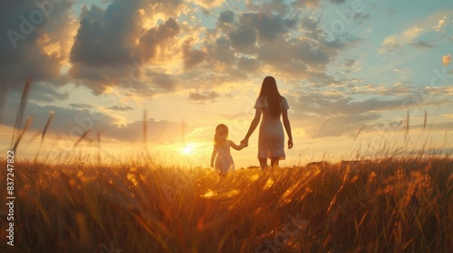 A mother and her daughter strolling together in a lush green field during the warm sunset hours