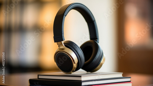 Wireless noise-cancelling headphones on books, neutral background
