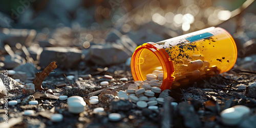 An empty pill bottle lies on the ground, its contents long since gone, leaving a trail of destruction in its wake