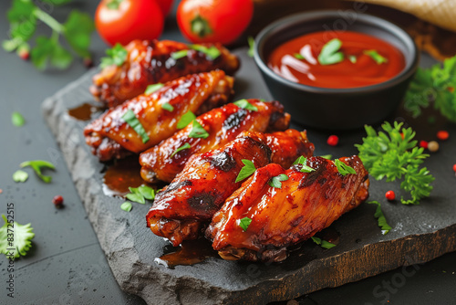 Baked chicken wings with sweet chili sauce on black stone.