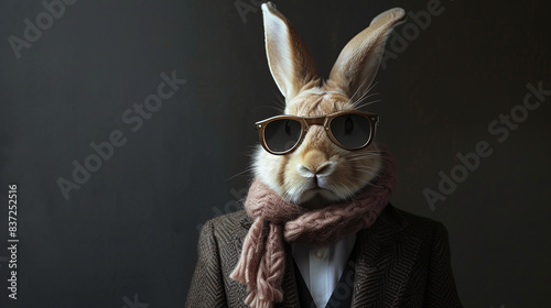 Cool looking hare wearing elegant suit with scarf and sunglasses. Wide banner with space for text at side. Stylish animal posing. Black background.