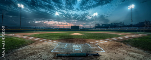 The stark beauty of an empty baseball stadium at dusk, captured from the outfield, the fading light providing a serene backdrop and extensive copy space in the evening sky.