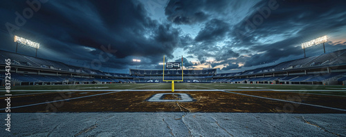 The solitude of an empty football stadium captured from the half-line at night, the entire arena illuminated by soft, dramatic lighting, providing extensive copy space in the dark sky.