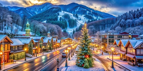 Winter scene of Gatlinburg Tennessee's main street adorned with Christmas decorations and covered in snow