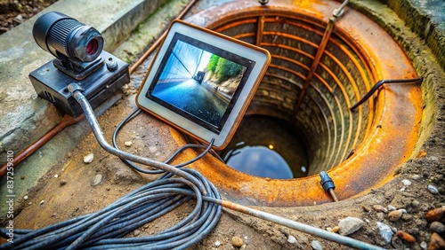 Close-up view of a sewer inspection camera entering a drain, with a detailed shot of the monitor