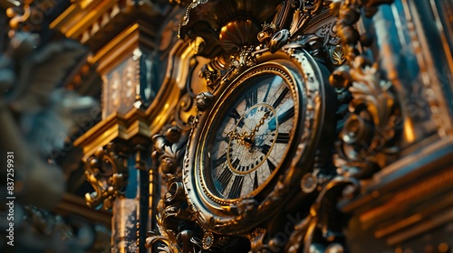 Ornate Renaissance era clock set against a richly decorated background. 8k, realistic, full ultra HD, high resolution and cinematic photography