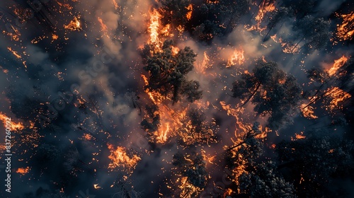 Aerial view of a forest fire with flames and smoke.