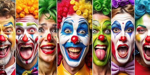 Clown faces displaying a range of emotions