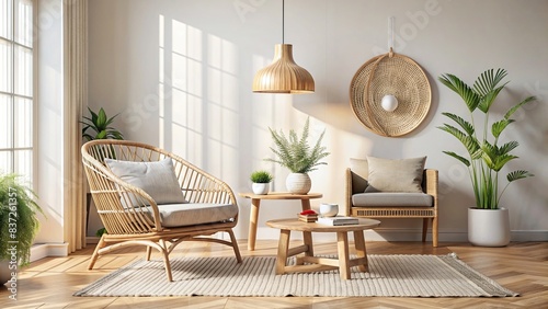 Scandinavian living room mock-up with rattan armchair and wooden table against bright backdrop , Scandinavia, living room, mock-up, rattan armchair, wooden table, bright backdrop
