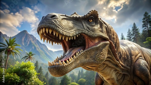 Close up of a realistic rendering of a Tyrannosaurus rex dinosaur, dinosaur, prehistoric, ancient, carnivore, reptile, predator, extinct, fossil, powerful, teeth, roaring, fierce, danger