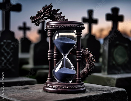 reloj de arena en un cementerio que muestra el paso del tiempo