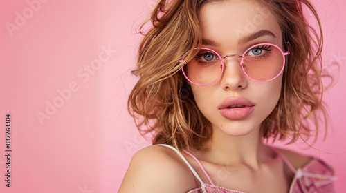 gros plan dune jeune femme portant des lunettes de soleil sur fond rose