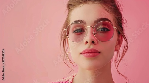 gros plan dune jeune femme portant des lunettes de soleil sur fond rose