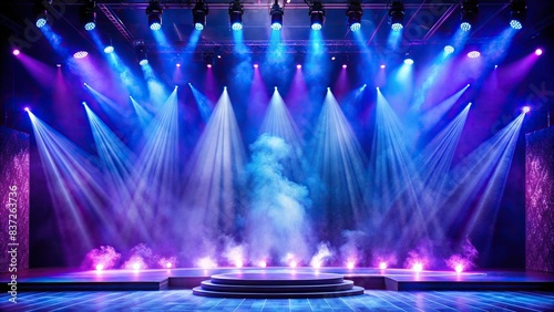 Empty stage illuminated by blue and purple spotlights with smoke, suitable for a show backdrop decoration