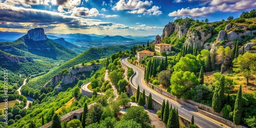 Mountain landscape in Provence, France with winding road, lush greenery, and blue skies , Mountain, Provence, France, Tour de France, bicycle race, climb, 1,909 m, peak, sky, clouds, greenery