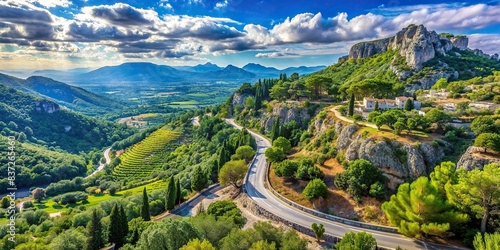 Mountain landscape in Provence, France with winding road, lush greenery, and blue skies , Mountain, Provence, France, Tour de France, bicycle race, climb, 1,909 m, peak, sky, clouds, greenery