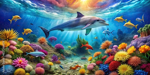 Underwater scene with colorful fish, coral reefs, and a dolphin swimming gracefully in the crystal clear ocean , fish, shark, underwater, ocean, h2o, dolphin, aquarium, marine, diving, scuba