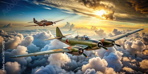 Pair of retro military airplanes soaring in the sky surrounded by white clouds