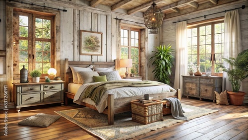 Cozy bohemian Shabby Chic Bedroom with distressed wooden furniture and linen bedding , bohemian, shabby chic, bedroom, cozy, natural textures, distressed, wooden furniture, linen bedding