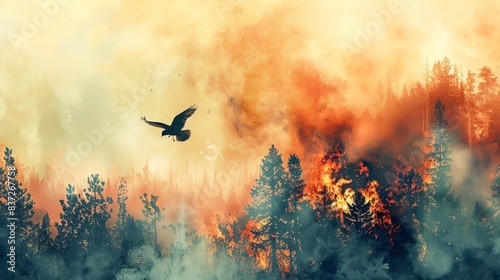 Silhouette of a bird flying above a forest fire.