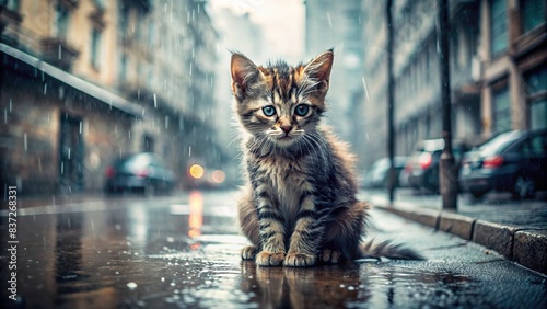 Sad abandoned hungry kitten sitting in the street under the rain , stray, lonely, pet adoption, shelter, rescue, charity, donation, helpless, homeless, animal, neglected, cute, furry, wet
