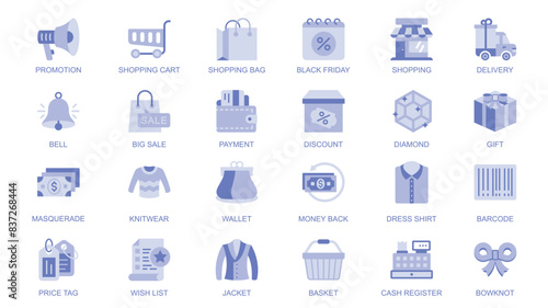 Shopping web icons set in duotone flat design. Pack pictograms with promotion, cart, bag, black friday, delivery, big sale, payment, discount, diamond, gift, money, wallet, price. Vector illustration.