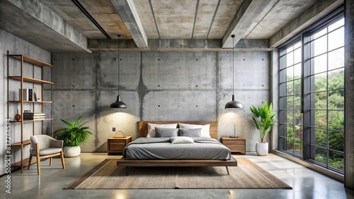 Minimalist loft bedroom with concrete walls and ceiling, featuring a modern design aesthetic , loft, minimalist, bedroom, interior design, concrete, modern, contemporary, style, industrial