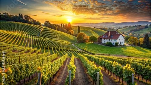 Vineyards with grapevine and winery along wine road in the evening sun, Vineyard, grapevine, winery, wine road, evening sun, peaceful, scenic, countryside, agriculture, landscape, sunset