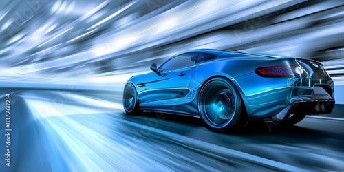 Speeding Blue Business Car on Highway Rear View Closeup During Turn. Concept Sports Cars, High Speed, Blue Vehicles, Highway Driving, Rear View
