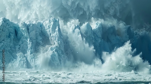 Dramatic glacier calving with ice breaking off and crashing into the ocean.