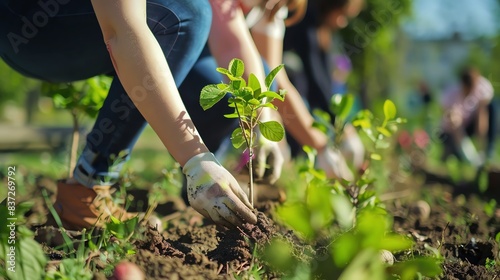Volunteers planting trees in a park, promoting environmental sustainability.