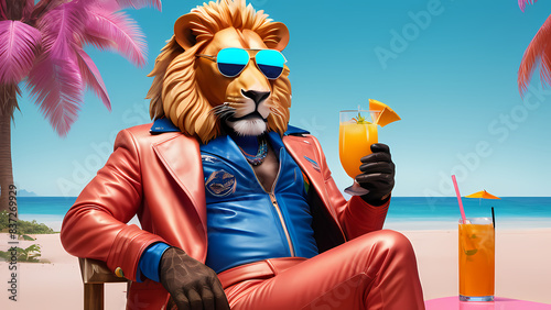A lion in astronaut gear casually sips a cocktail, creating a whimsical juxtaposition of adventure and leisure, card with copy space