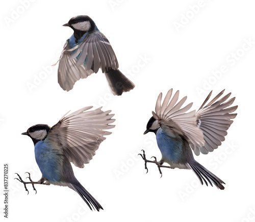 isolated tree small blue tits in fast flight
